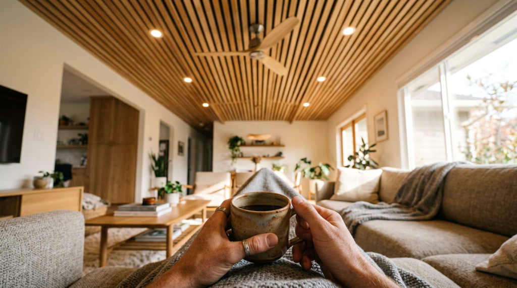 O painel ripado que reveste o teto da sala esconde cabos inestéticos e absorve todo o eco das conversas com os vizinhos