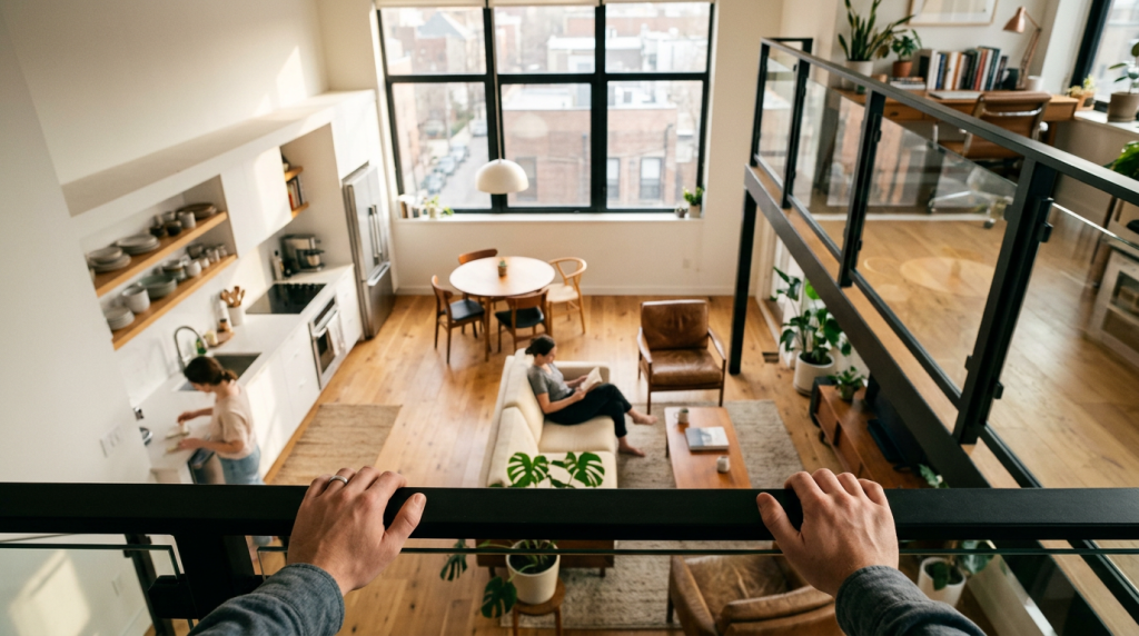 Este loft industrial de 45 metros quadrados parece uma galeria de arte, tem parede de tijolinhos e cama suspensa para trabalhar em casa com inspiração e uma praticidade absurda