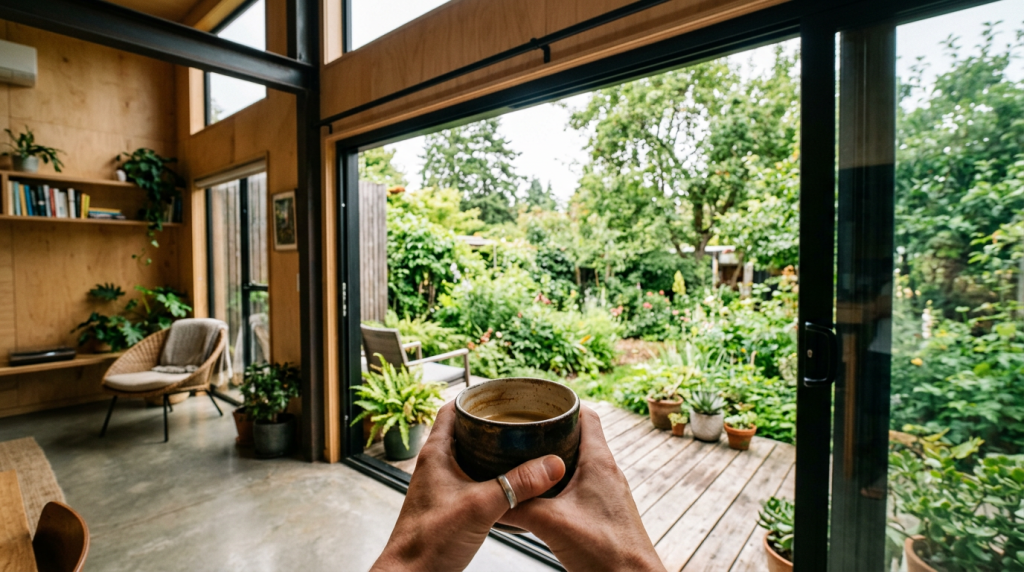 Esta casa contêiner de 30 metros quadrados parece uma mansão moderna, tem teto verde e janelas panorâmicas para viver off-grid com economia e uma eficiência de impressionar