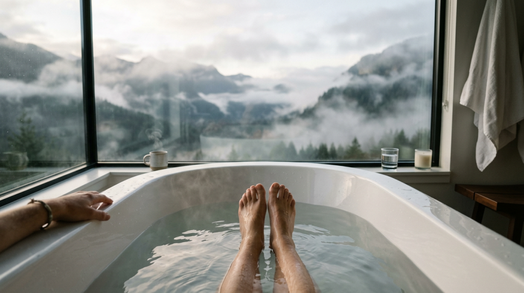Esta cabana de 40 metros quadrados parece um hotel de luxo, tem banheira vitoriana e varanda envidraçada para passar o inverno com conforto e um visual de tirar o fôlego