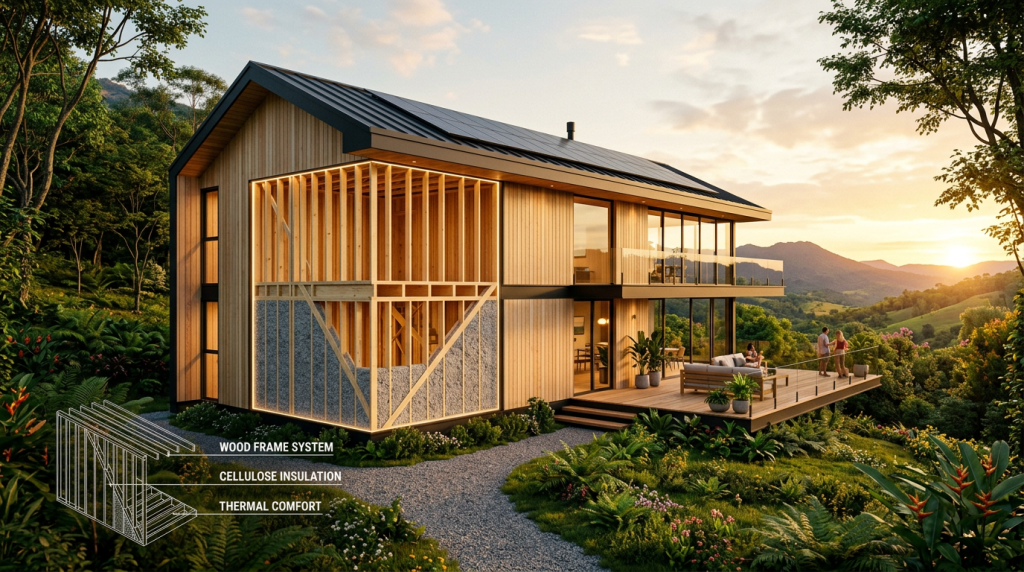 Projeto de casa em wood frame: entenda por que o isolamento de celulose é o futuro da construção