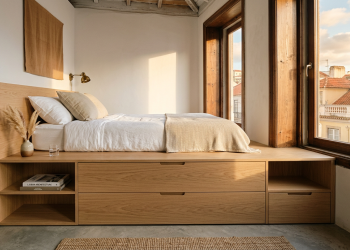 Este quarto de apenas 9 m² parece uma suite, tem cama flutuante sobre gavetões de madeira para uma arrumação surreal