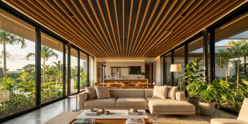 O painel ripado que reveste o teto da sala esconde cabos inestéticos e absorve todo o eco das conversas com os vizinhos
