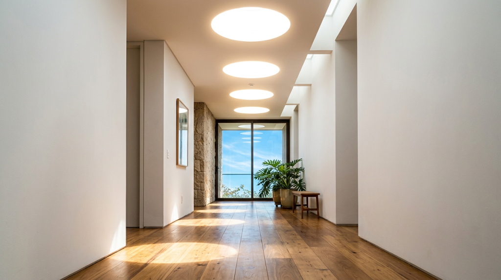 Casas com iluminação por óptica geométrica e difusores de teto para máximo conforto visual