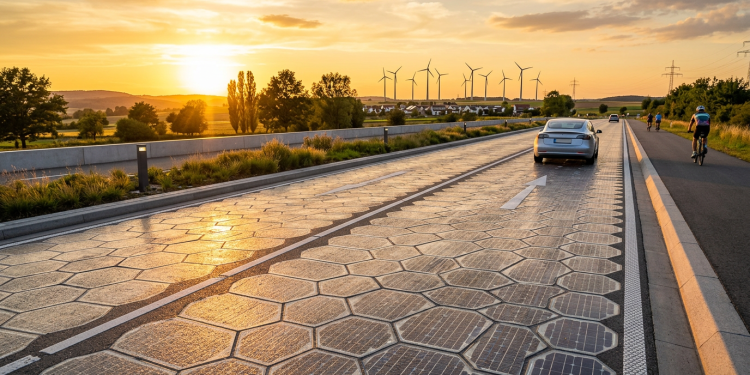 França Alemanha e Suíça começam a cobrir quilômetros de rodovias com painéis solares blindados capazes de suportar caminhões de 40 toneladas e gerar eletricidade para os bairros vizinhos