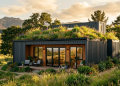 Esta casa contêiner de 30 metros quadrados parece uma mansão moderna, tem teto verde e janelas panorâmicas para viver off-grid com economia e uma eficiência de impressionar