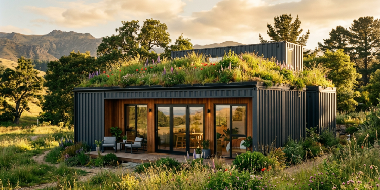 Esta casa contêiner de 30 metros quadrados parece uma mansão moderna, tem teto verde e janelas panorâmicas para viver off-grid com economia e uma eficiência de impressionar