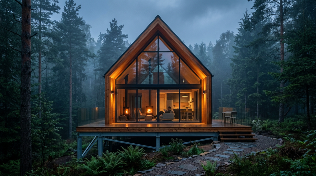 Esta cabana de 40 metros quadrados parece um hotel de luxo, tem banheira vitoriana e varanda envidraçada para passar o inverno com conforto e um visual de tirar o fôlego
