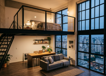 Este loft industrial de 45 metros quadrados parece uma galeria de arte, tem parede de tijolinhos e cama suspensa para trabalhar em casa com inspiração e uma praticidade absurda