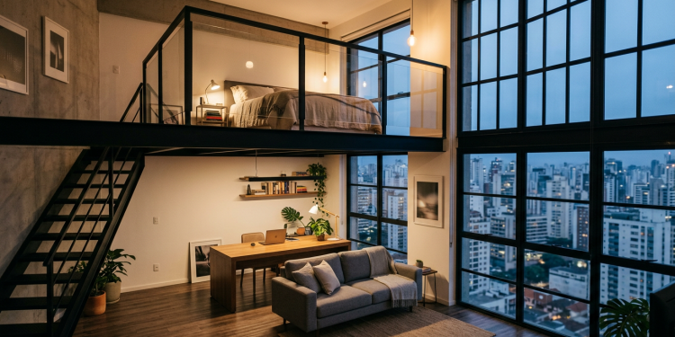 Este loft industrial de 45 metros quadrados parece uma galeria de arte, tem parede de tijolinhos e cama suspensa para trabalhar em casa com inspiração e uma praticidade absurda