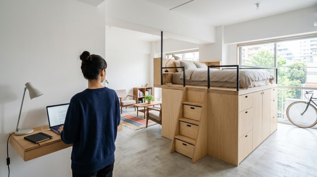 Este quarto de apenas 9 m² parece uma suite, tem cama flutuante sobre gavetões de madeira para uma arrumação surreal