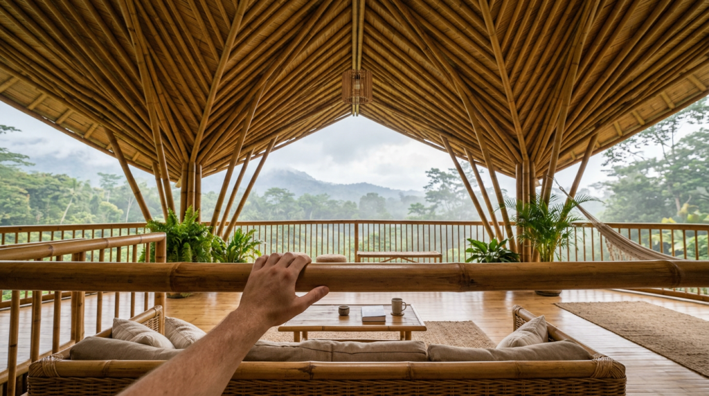 A arquitetura sismorresistente constata que os pavilhões amarrados há 2000 anos com a técnica asiática de andaimes de bambu gigante não se tornam estilhaços durante um tufão eles desenvolvem silenciosamente algo que a maioria das vigas de ferro nunca conseguirá oferecer a extrema flexibilidade anatômica para dobrar com o vento e voltar intactos à posição original