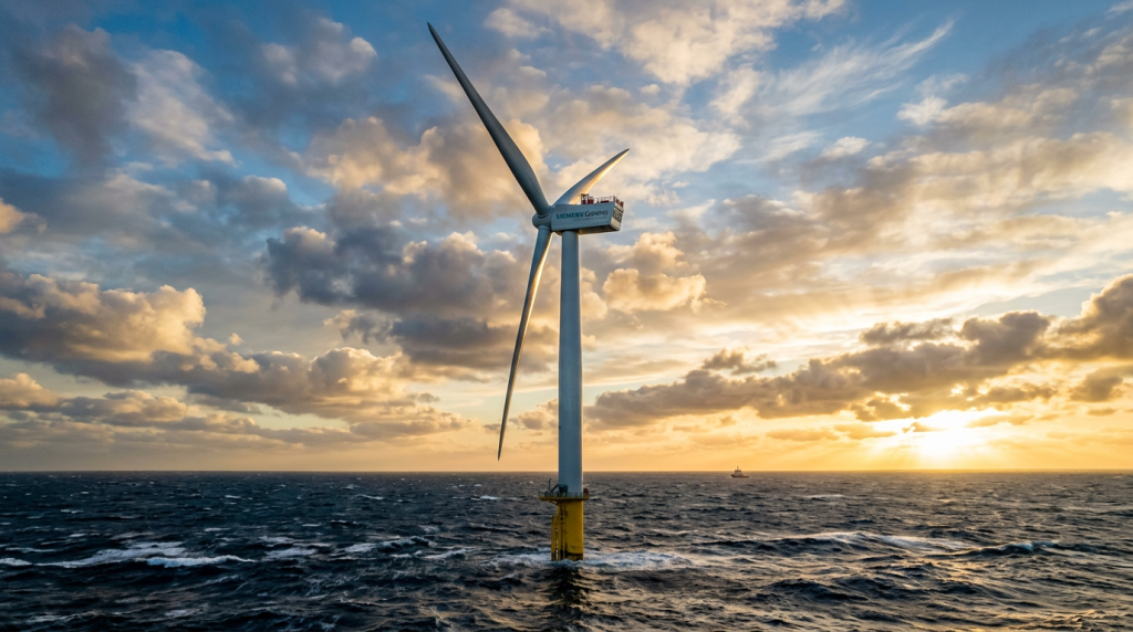 Noruega Islândia e Dinamarca instalam turbinas eólicas flutuantes de 300 metros de altura no mar aberto que geram energia suficiente para abastecer bairros inteiros com uma única rotação da hélice