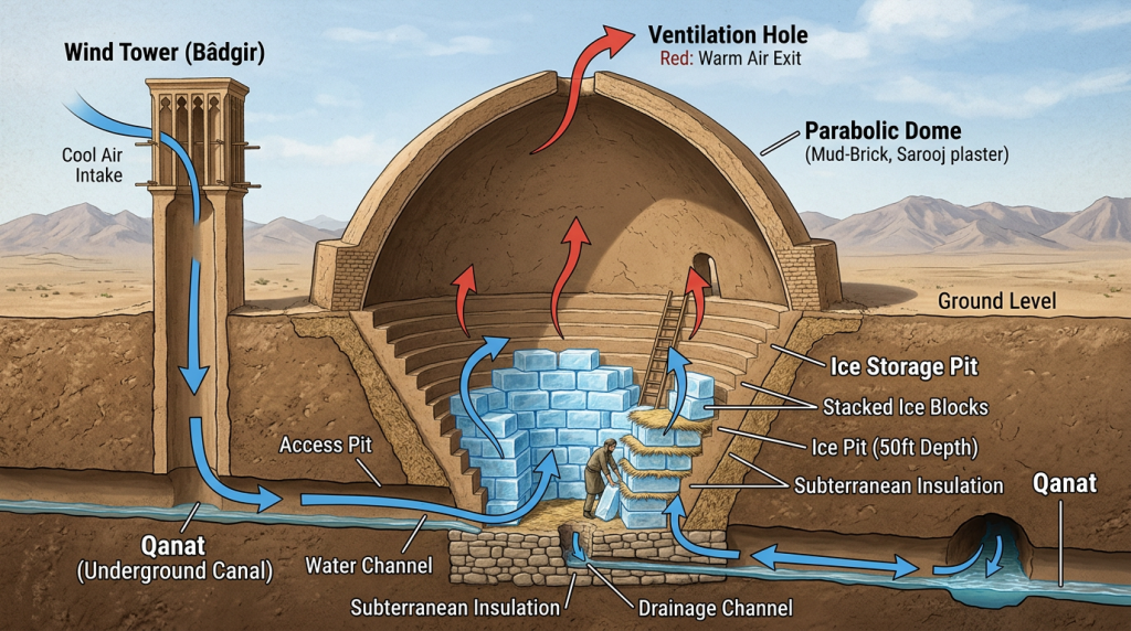 A termodinâmica aplicada demonstra que os domos de barro erguidos há 2400 anos com a técnica persa de refrigeração natural não se tornam saunas de areia eles desenvolvem silenciosamente algo que a maioria das geladeiras industriais nunca conseguirá oferecer a capacidade passiva de congelar a água durante a madrugada e manter o gelo intacto no ápice do verão