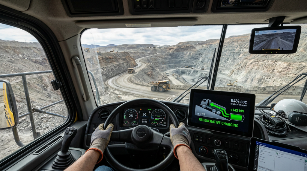 Austrália Canadá e Chile trocam os maiores caminhões de mineração do mundo movidos a diesel por monstros elétricos de 300 toneladas que recarregam a própria bateria enquanto descem a montanha