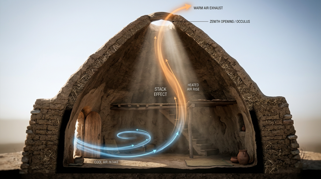 A engenharia vernacular confirma que as moradias erguidas há 3000 anos com a técnica mesopotâmica de cúpulas de adobe não se tornam fornos no deserto elas desenvolvem silenciosamente algo que a maioria das lajes retas nunca conseguirá oferecer a capacidade geométrica de expulsar o ar quente pelo topo enquanto suga a brisa fria do chão sem usar energia