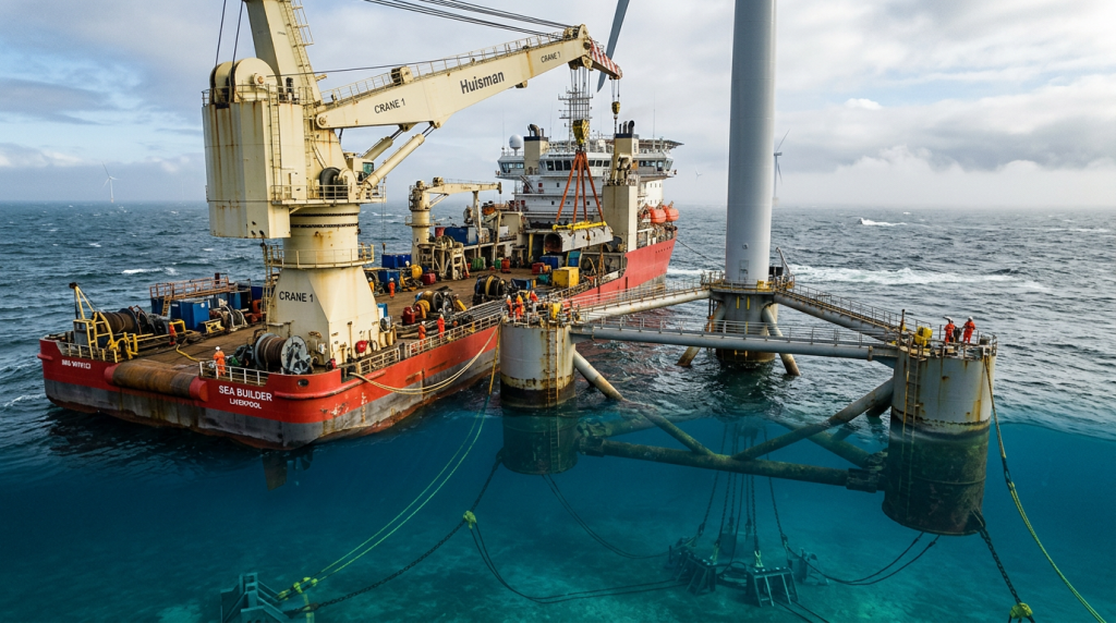 Noruega Islândia e Dinamarca instalam turbinas eólicas flutuantes de 300 metros de altura no mar aberto que geram energia suficiente para abastecer bairros inteiros com uma única rotação da hélice