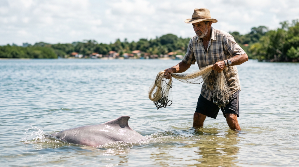 A única cidade litorânea do Brasil onde golfinhos selvagens trabalham diariamente em equipe com os pescadores para cercar cardumes no oceano
