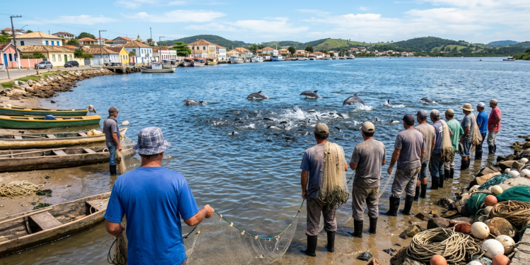 A única cidade litorânea do Brasil onde golfinhos selvagens trabalham diariamente em equipe com os pescadores para cercar cardumes no oceano