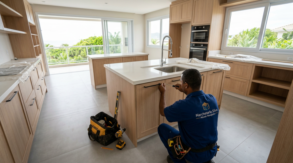 Quer modernizar o ambiente? Veja quanto custa montar uma ilha de cozinha com granito escuro, cooktop e coifa de teto