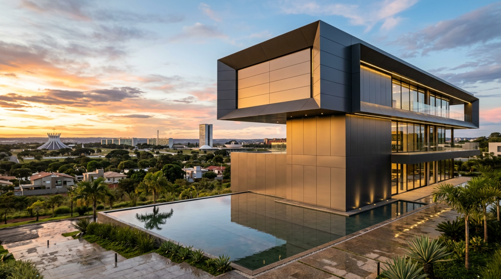 Projeto arquitetônico de casa com leveza estrutural para balanços ousados e design de luxo