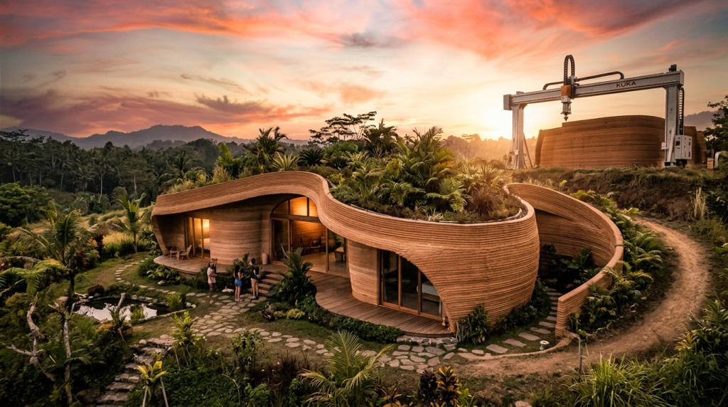 A impressora gigante que transforma o barro do quintal em uma casa de design curvilíneo pronta para morar em menos de 48 horas