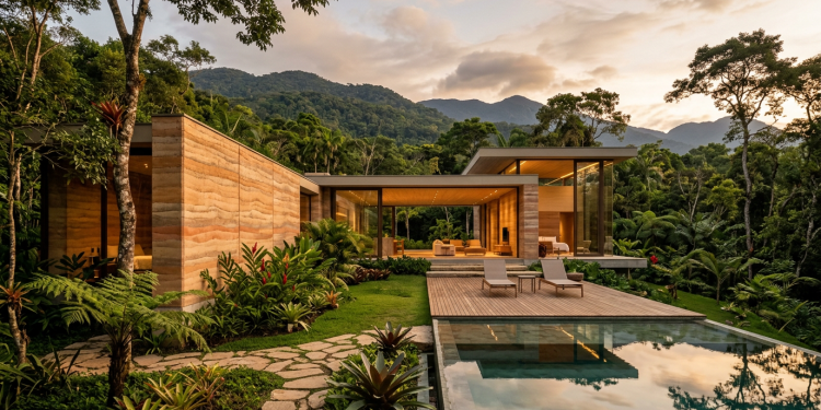 Casa de taipa de pilão mecanizada une conforto térmico e luxo sustentável no campo