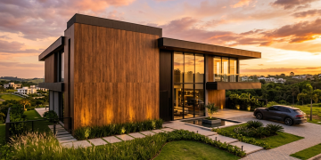 Projeto arquitetônico de casa com fachada imponente e tecnologia de impressão digital em uv