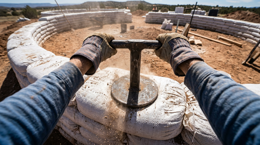 O método de construção ultrabarato que usa sacos de terra empilhados no lugar de tijolos e permite erguer uma casa inteira à prova de furações