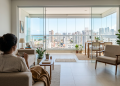 Este apê de 45 metros quadrados parece uma cobertura, tem piso contínuo e portas de vidro para receber amigos com espaço de sobra