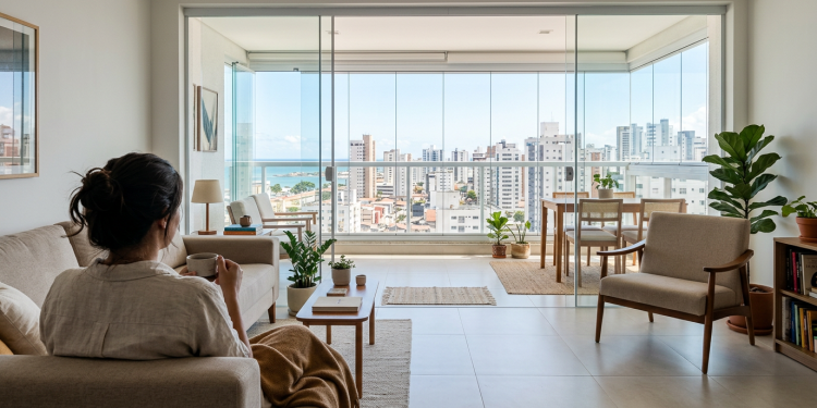 Este apê de 45 metros quadrados parece uma cobertura, tem piso contínuo e portas de vidro para receber amigos com espaço de sobra