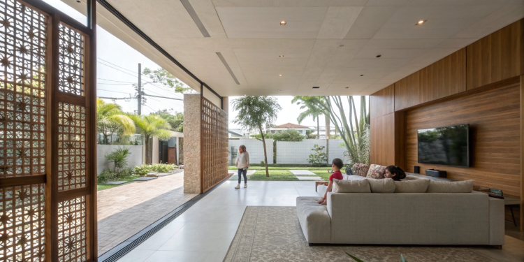 Não é muro alto, nem cerca de vidro: o bloco vazado de concreto que esconde a casa da rua e deixa o vento cruzar a sala no verão