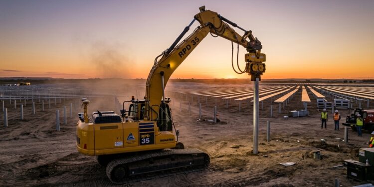 O robô de 35 toneladas que crava estacas de usinas solares sozinho e transforma quilômetros de fundações metálicas em obra guiada por IA