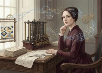 Ada Lovelace, visionária que enxergou nas máquinas uma linguagem antes de o mundo imaginar computadores modernos: “A máquina analítica tece padrões algébricos como o tear de Jacquard tece flores e folhas”