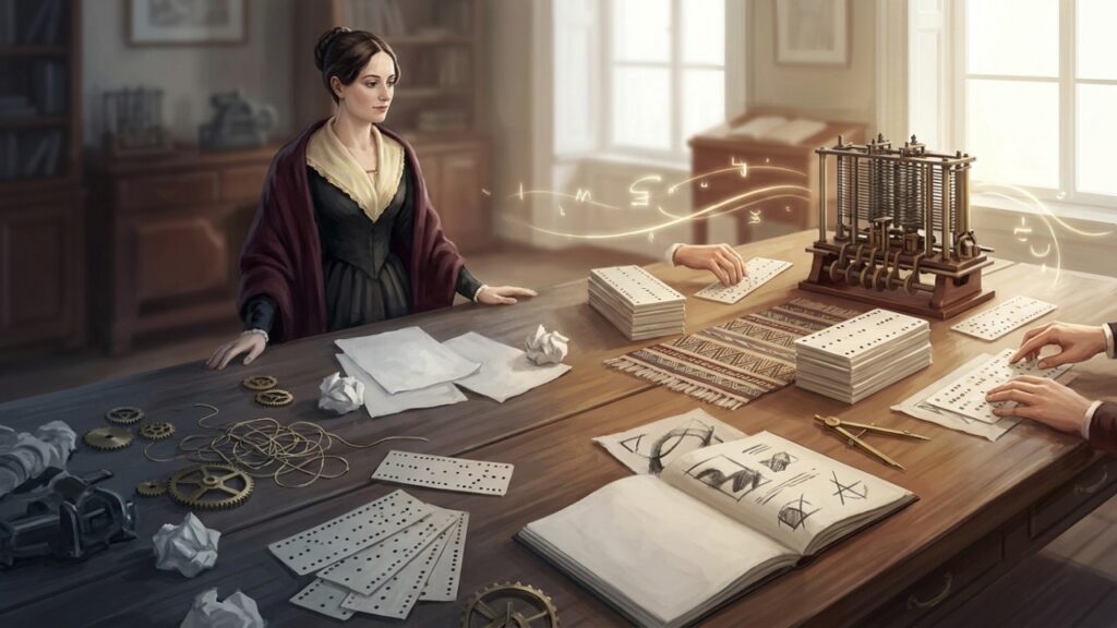 Ada Lovelace, visionária que enxergou nas máquinas uma linguagem antes de o mundo imaginar computadores modernos: “A máquina analítica tece padrões algébricos como o tear de Jacquard tece flores e folhas”