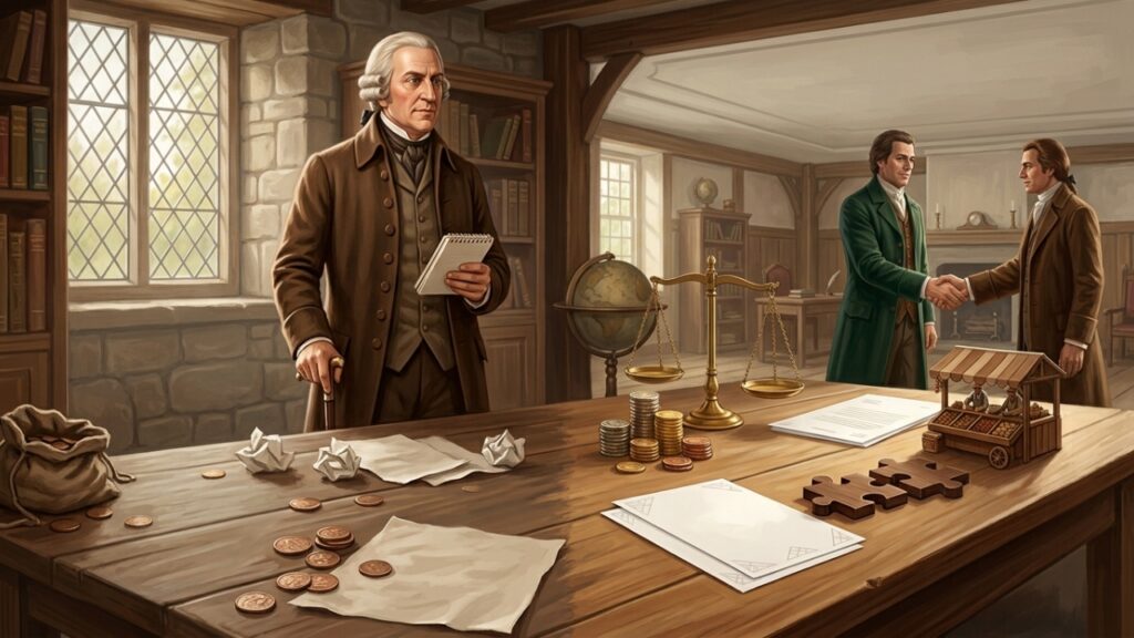 Adam Smith, pensador que viu no interesse próprio uma engrenagem silenciosa da prosperidade: “Não é da benevolência do açougueiro que esperamos nosso jantar”
