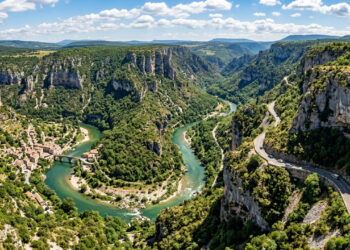 Serpenteando o fundo de um desfiladeiro monumental na França, a estrada cênica passa por túneis de pedra escavados diretamente na rocha