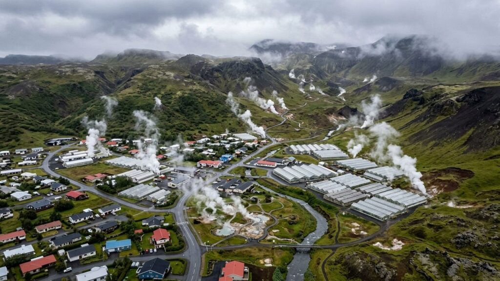 Cidade do interior da Islândia, situada em uma área vulcânica ativa, é famosa mundialmente por suas estufas aquecidas por energia geotermal renovável