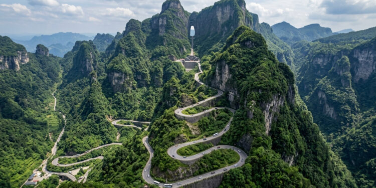 Com noventa e nove curvas fechadas ao longo de 11 km de extensão, a icônica rodovia da montanha Tianmen na China parece uma escada para o céu