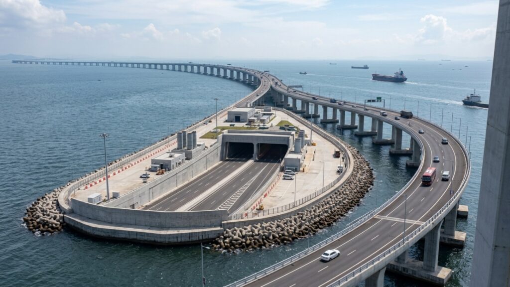 Com 64 km de extensão sobre o mar da China e inaugurada em 2018, a Ponte Hong Kong-Zhuhai-Macau é a maior travessia marítima do mundo e inclui um túnel subaquático no meio do percurso