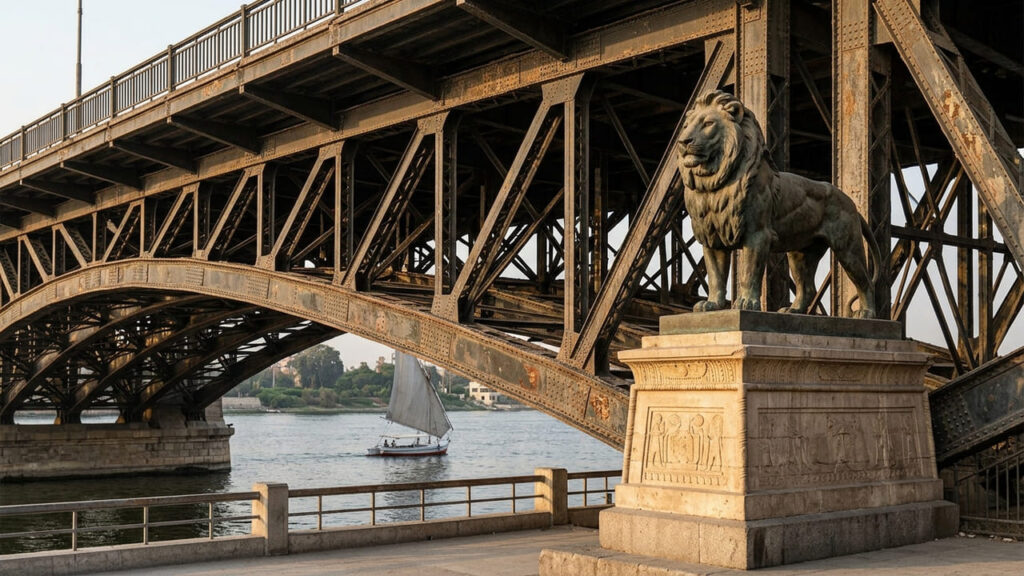 A histórica ponte de aço sobre o Nilo guardada por quatro leões de bronze do século XIX que conecta o centro à ilha de Gezira no Egito