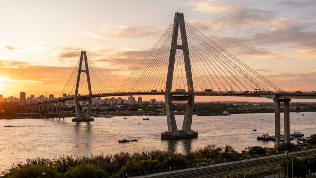 Cruzando as águas do Rio Paraná para ligar duas províncias argentinas, a gigantesca estrutura estaiada tem uma seção principal de 608 metros de comprimento