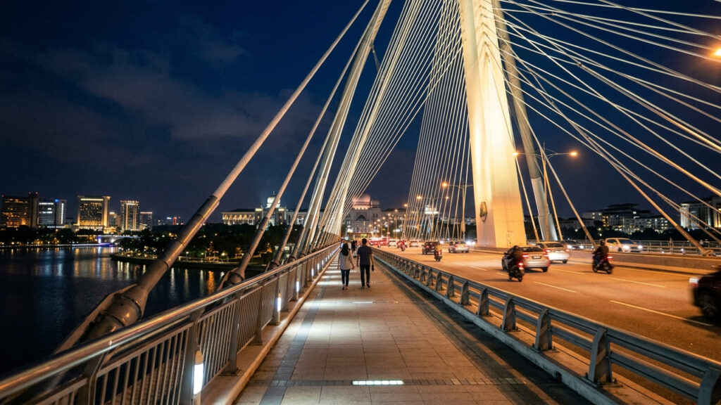 A futurista estrutura estaiada de 240 metros de extensão que simula a silhueta de um veleiro de aço iluminando a noite de Putrajaya