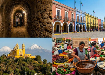 Cidade do interior do México, situada a 2.150 metros de altitude, abriga a maior pirâmide em volume do mundo, com uma igreja colonial no topo