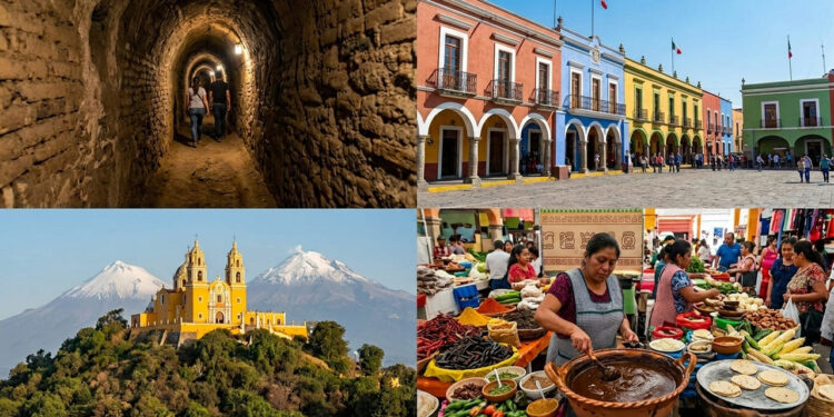 Cidade do interior do México, situada a 2.150 metros de altitude, abriga a maior pirâmide em volume do mundo, com uma igreja colonial no topo