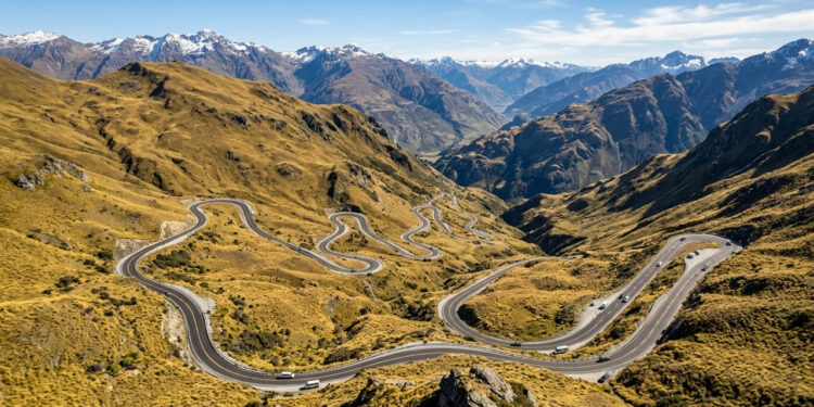 Com pista asfaltada que atinge 1.121 metros de altitude na Nova Zelândia, a cênica estrada liga Queenstown a Wanaka em um trajeto espetacular