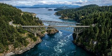 Suspensa sobre as correntes violentas de um desfiladeiro, a ponte histórica conecta duas ilhas e é o cartão-postal mais famoso de Washington