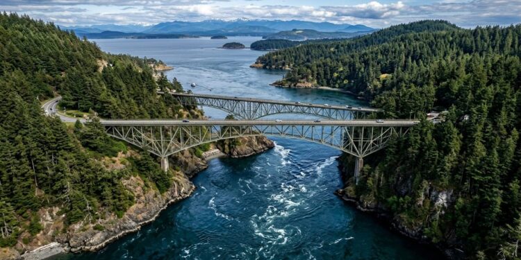 Suspensa sobre as correntes violentas de um desfiladeiro, a ponte histórica conecta duas ilhas e é o cartão-postal mais famoso de Washington