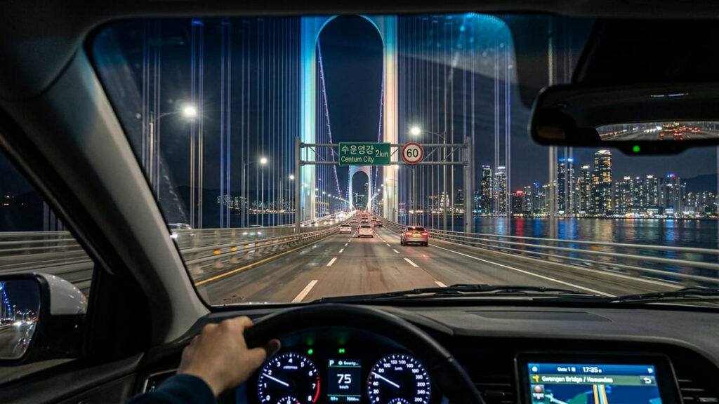 Com dois andares de pistas e uma iluminação artística em LED, a ponte suspensa virou o maior símbolo moderno da cidade costeira de Busan