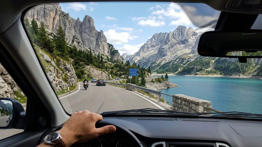 Com rampas íngremes de até dezoito por cento de inclinação nas Dolomitas, a estrada histórica margeia um lago glacial no topo da montanha italiana